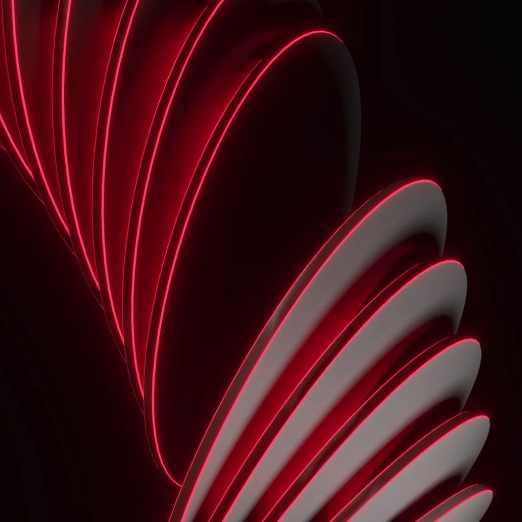 Abstrakcyjna forma 3D z czerwonymi liniami świetlnymi na czarnym tle – nowoczesna grafika cyfrowa przypominająca spiralę